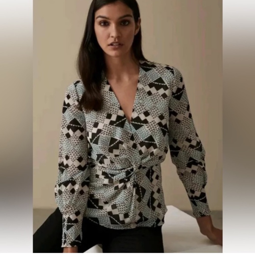 Reiss Black and White Geometric Wrap Blouse